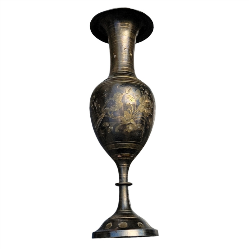 Decorative Ornate Etched Vintage Gold Black Brass Pedestal Vase Made In India